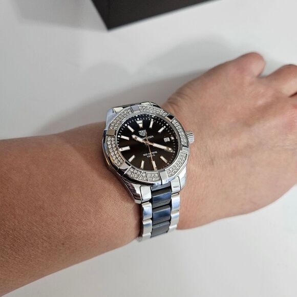 Tag Heuer Unisex Aquaracer Diamond Trim Black Face Quartz Watch 35mm Steel Box
